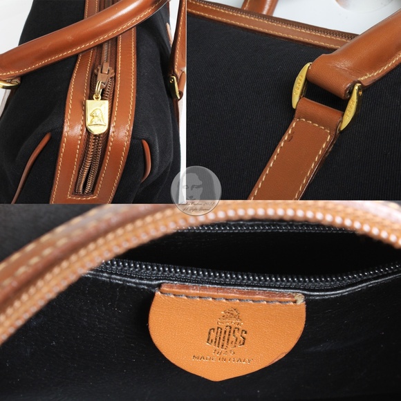 Mark Cross Satchel Handbag Black Twill Canvas & Saddle Leather Trim Vintage - Picture 10 of 13